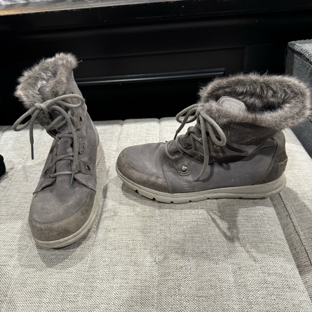 Sorel Explorer Joan women's waterproof snow boots in gray suede 10